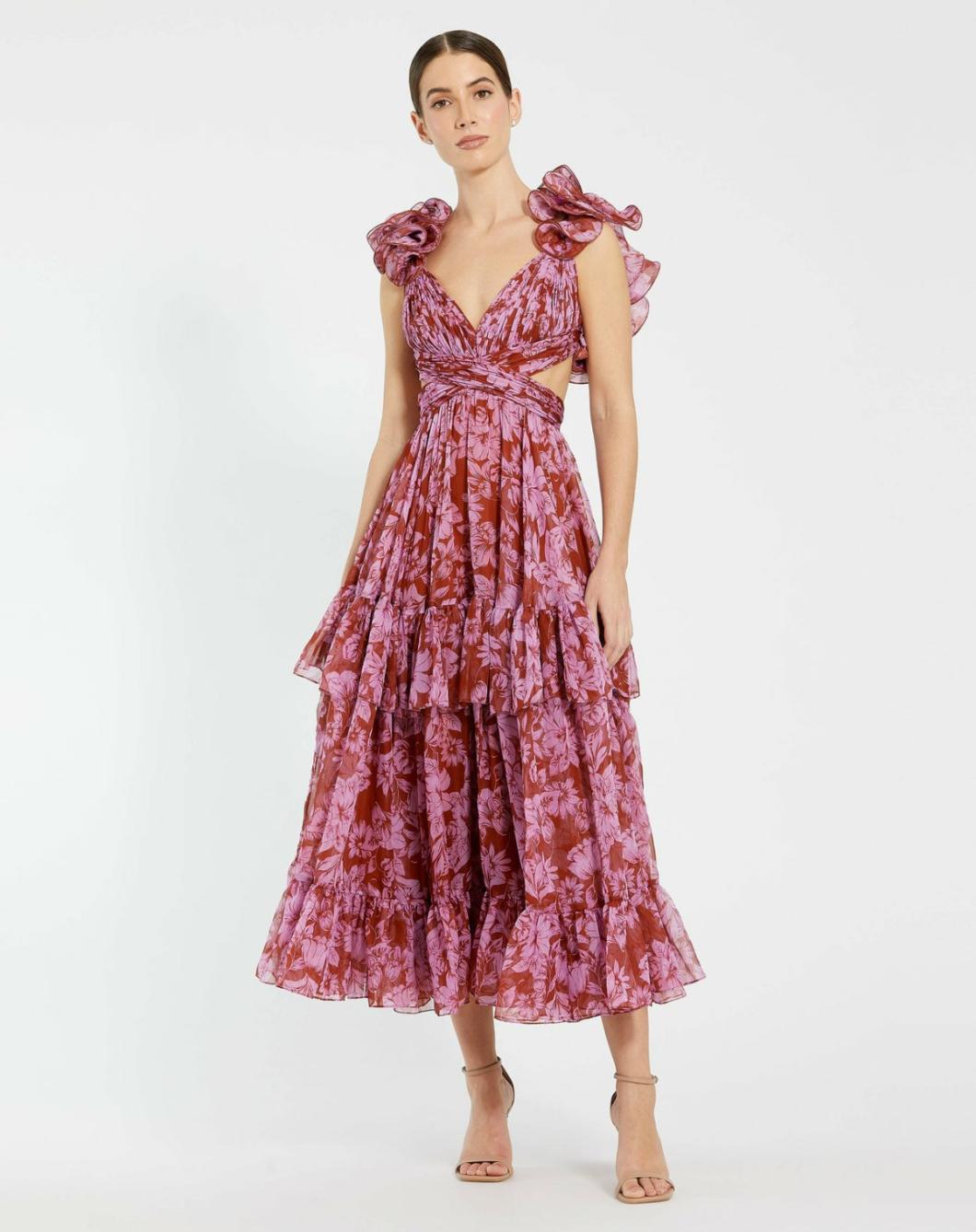 Daytime Dresses | Women Mac Duggal Ruffle Tiered Cut-Out Chiffon Midi Dress Red Multi
