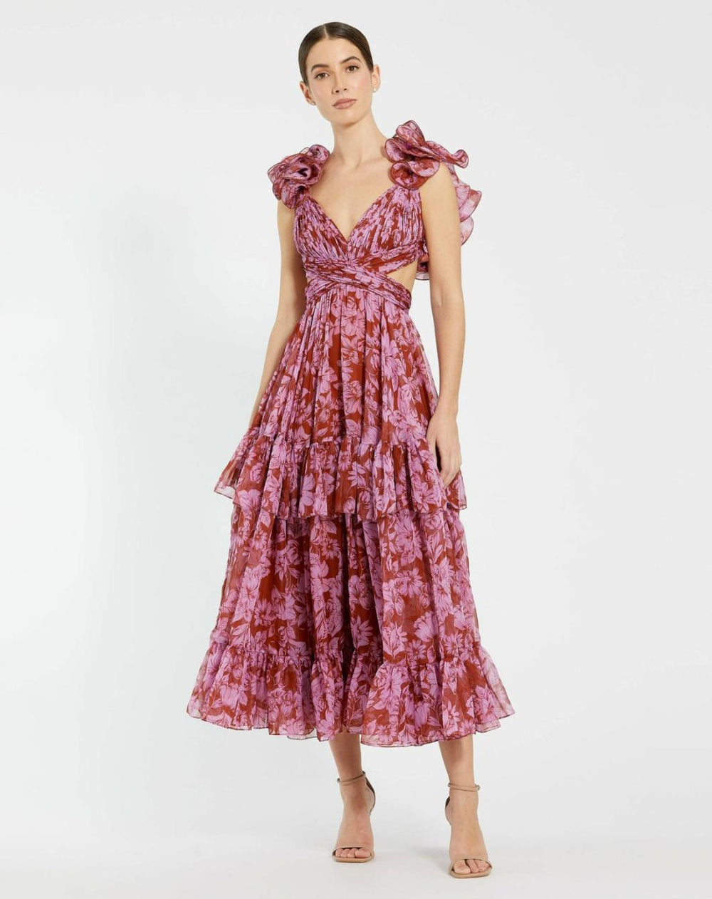 Daytime Dresses | Women Mac Duggal Ruffle Tiered Cut-Out Chiffon Midi Dress Red Multi