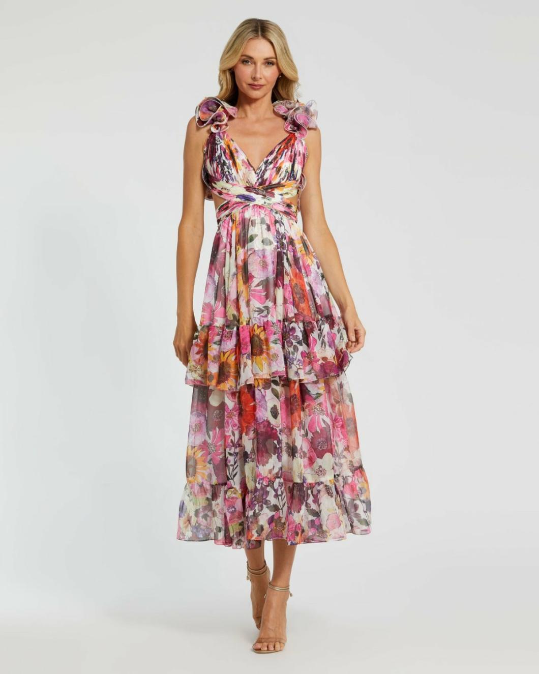 Daytime Dresses | Women Mac Duggal Ruffle Tiered Cut-Out Floral Chiffon Dress White Multi