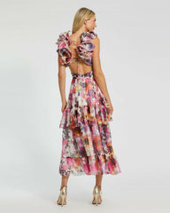 Daytime Dresses | Women Mac Duggal Ruffle Tiered Cut-Out Floral Chiffon Dress White Multi