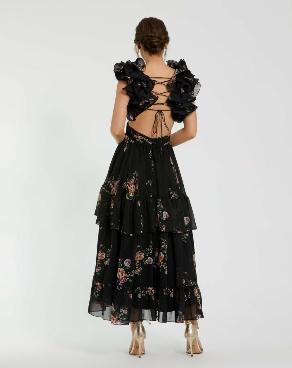 Daytime Dresses | Women Mac Duggal Ruffle Tiered Cut-Out Floral Print Chiffon Dress Black Multi