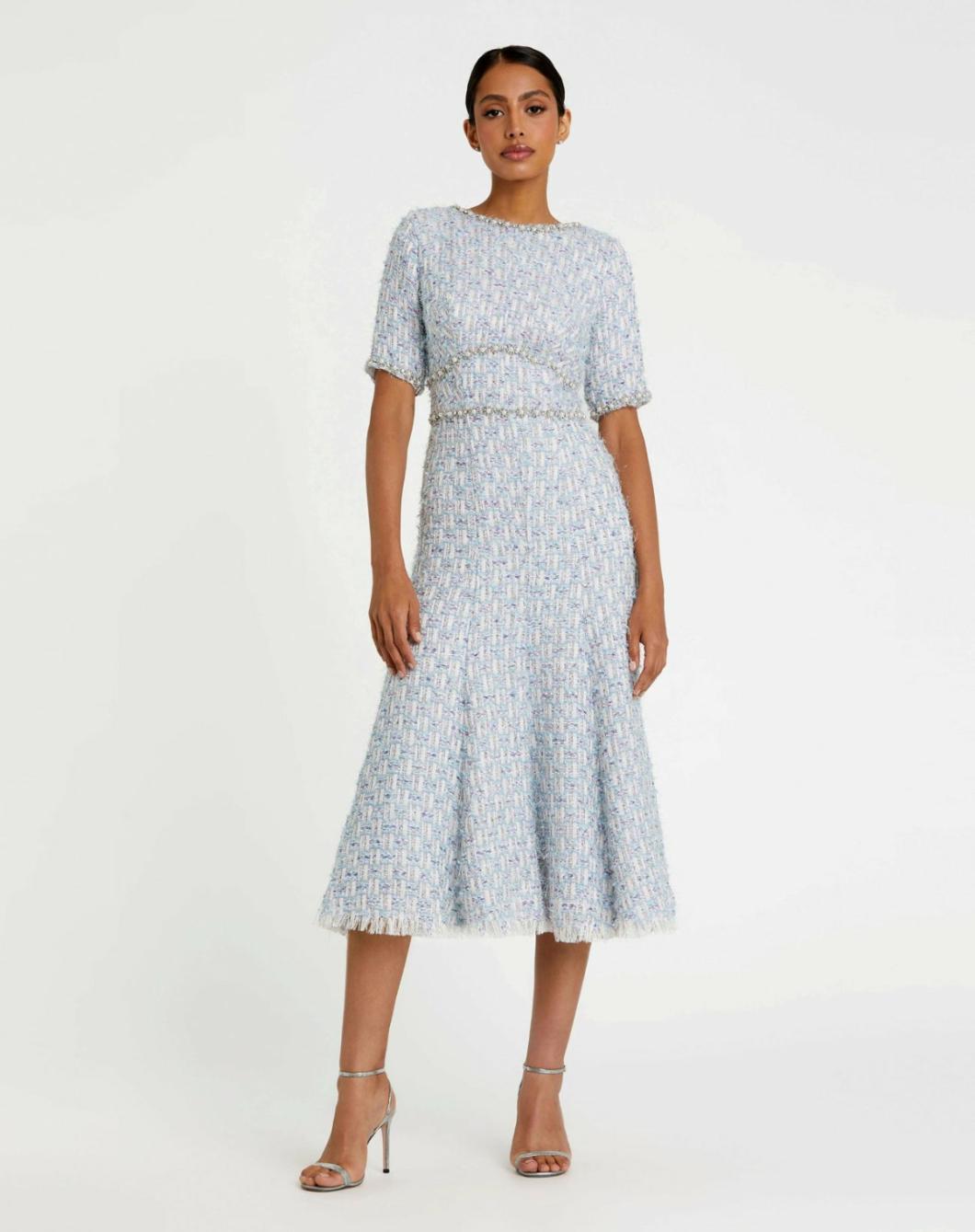 Daytime Dresses | Women Mac Duggal Short Sleeve Beaded Trim Boucle Midi Dress Blue Multi