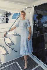 Daytime Dresses | Women Mac Duggal Short Sleeve Beaded Trim Boucle Midi Dress Blue Multi