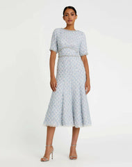 Daytime Dresses | Women Mac Duggal Short Sleeve Beaded Trim Boucle Midi Dress Blue Multi