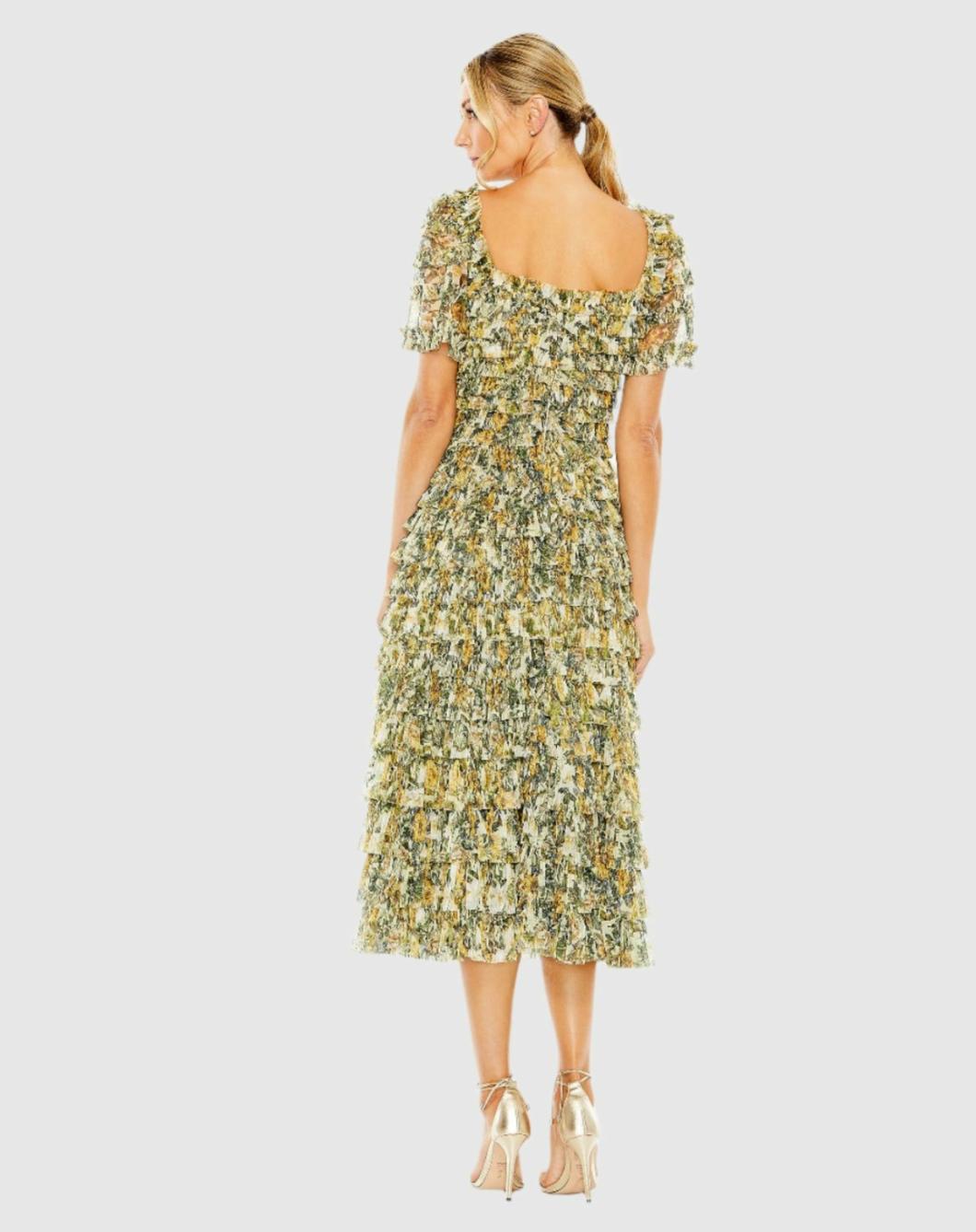 Daytime Dresses | Women Mac Duggal Short Sleeve Micro Ruffle Tea Length Dress Gold Multi