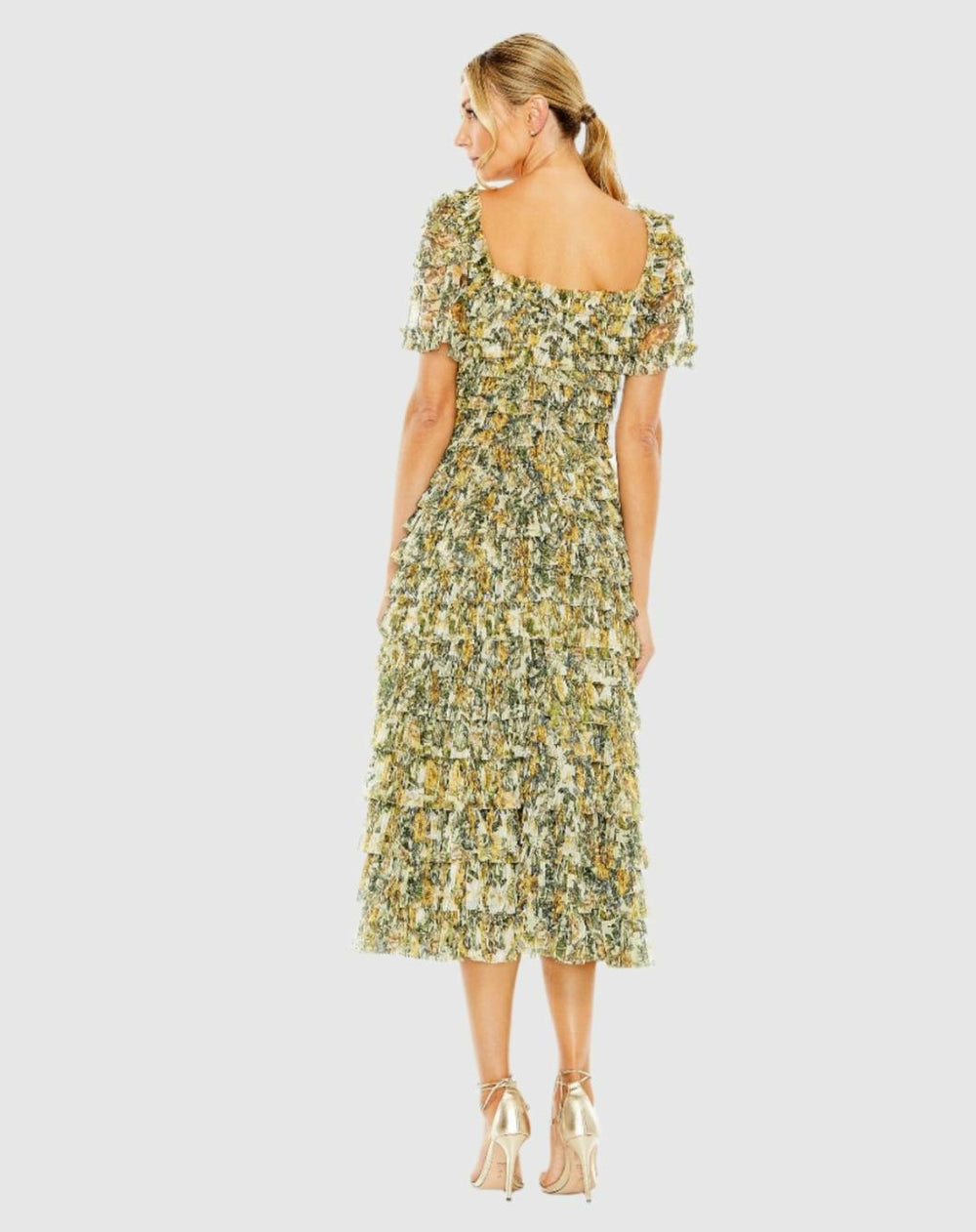 Daytime Dresses | Women Mac Duggal Short Sleeve Micro Ruffle Tea Length Dress Gold Multi