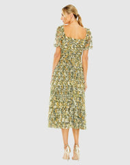 Daytime Dresses | Women Mac Duggal Short Sleeve Micro Ruffle Tea Length Dress Gold Multi