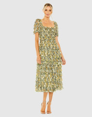 Daytime Dresses | Women Mac Duggal Short Sleeve Micro Ruffle Tea Length Dress Gold Multi