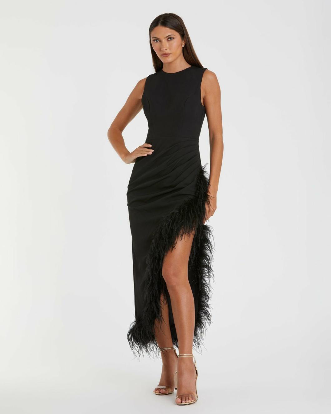 Daytime Dresses | Women Mac Duggal Sleeveless Faux Wrap Dress With Feather Detail Black