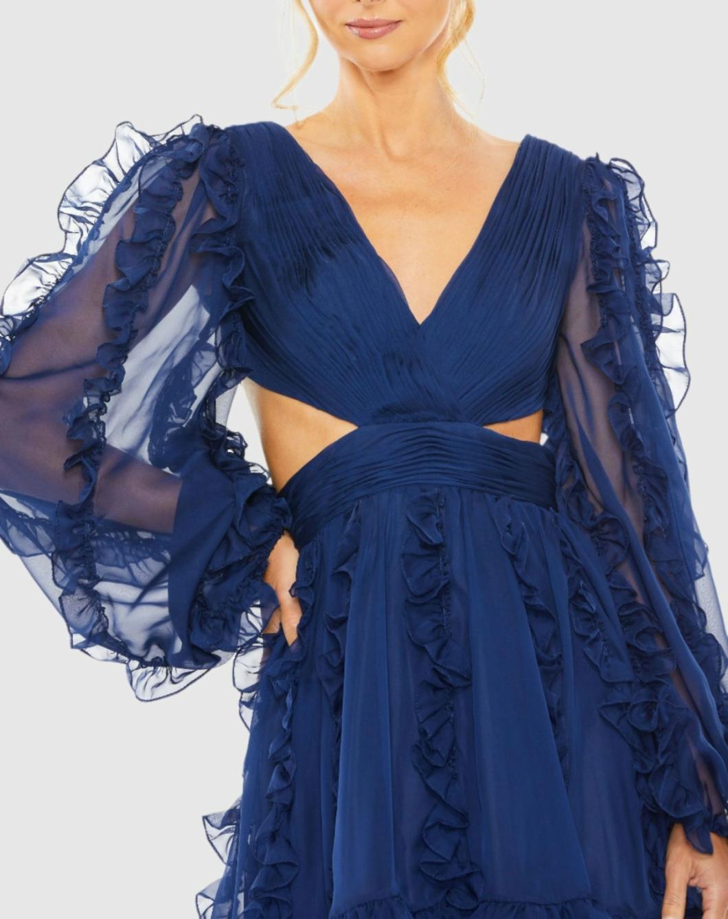 Daytime Dresses | Women Mac Duggal V Neck Corset Back Long Puff Sleeve Ruffle Mini Dress Indigo