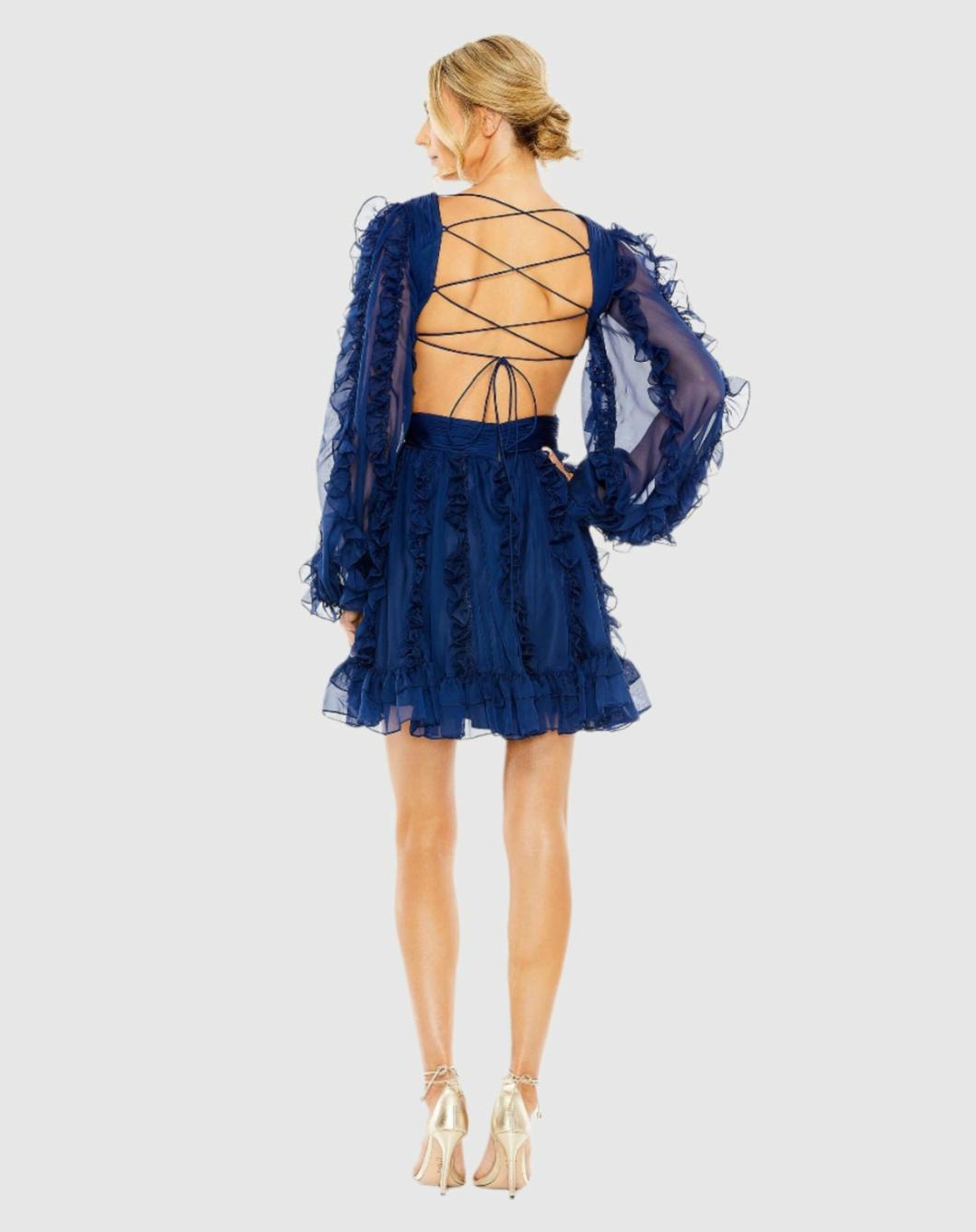 Daytime Dresses | Women Mac Duggal V Neck Corset Back Long Puff Sleeve Ruffle Mini Dress Indigo