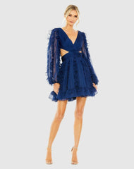 Daytime Dresses | Women Mac Duggal V Neck Corset Back Long Puff Sleeve Ruffle Mini Dress Indigo