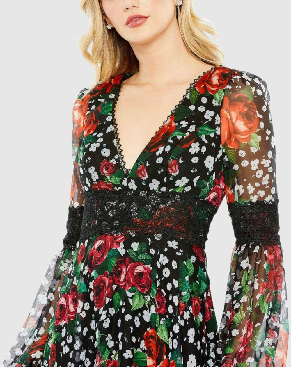 Daytime Dresses | Women Mac Duggal V-neck Floral Long Puff Sleeve Ruffle Dress - FINAL SALE Black Multi