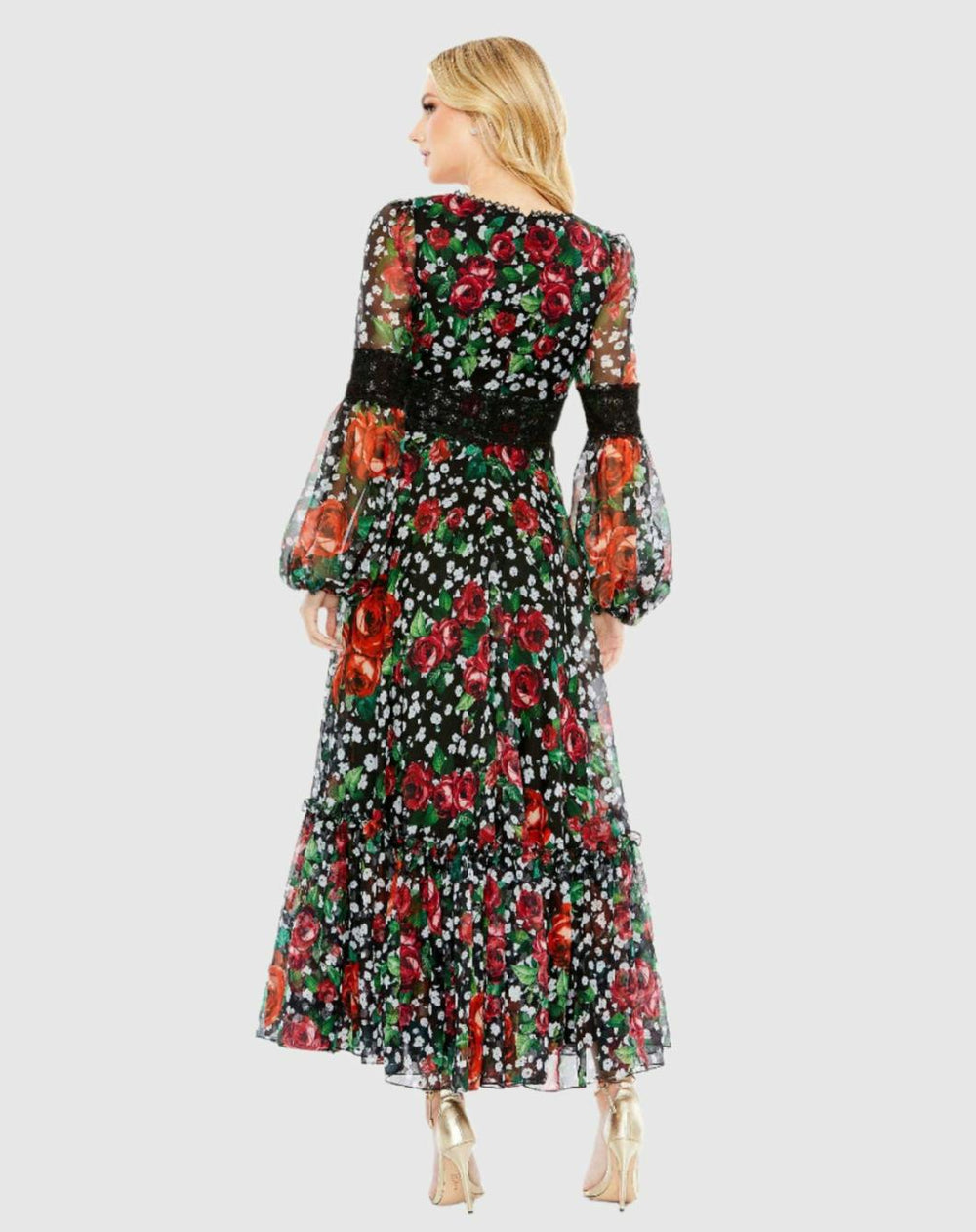 Daytime Dresses | Women Mac Duggal V-neck Floral Long Puff Sleeve Ruffle Dress - FINAL SALE Black Multi