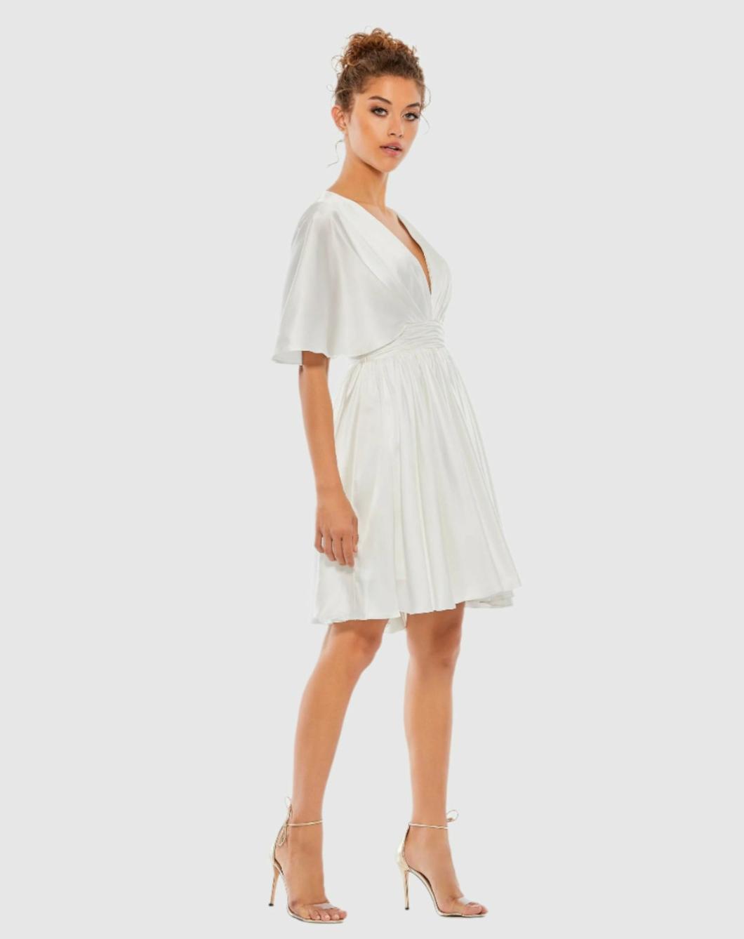 Daytime Dresses | Women Mac Duggal White Satin Flowy Cape Sleeve Mini Dress - FINAL SALE White