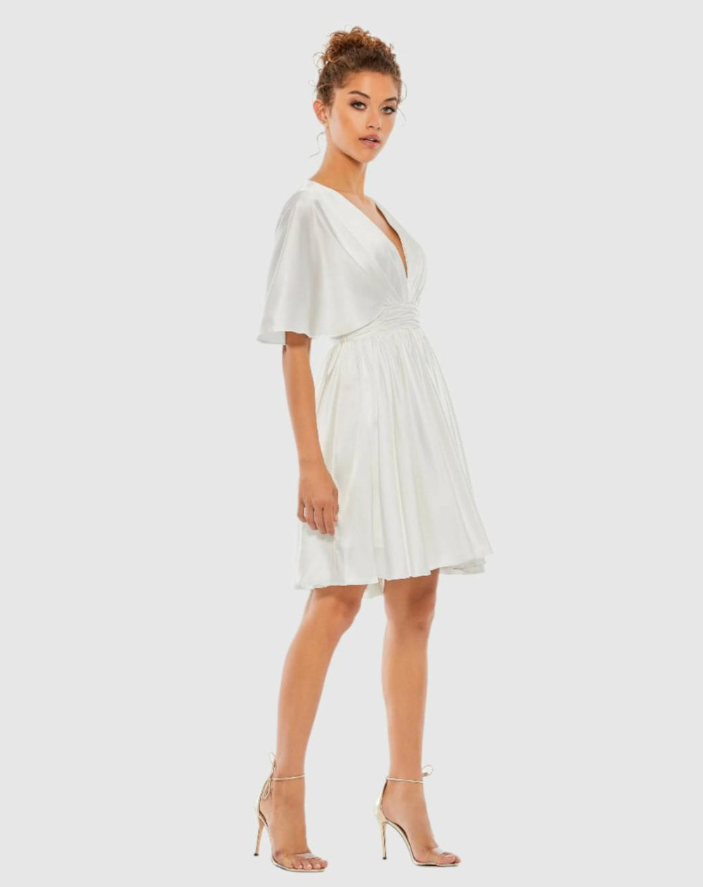 Daytime Dresses | Women Mac Duggal White Satin Flowy Cape Sleeve Mini Dress - FINAL SALE White