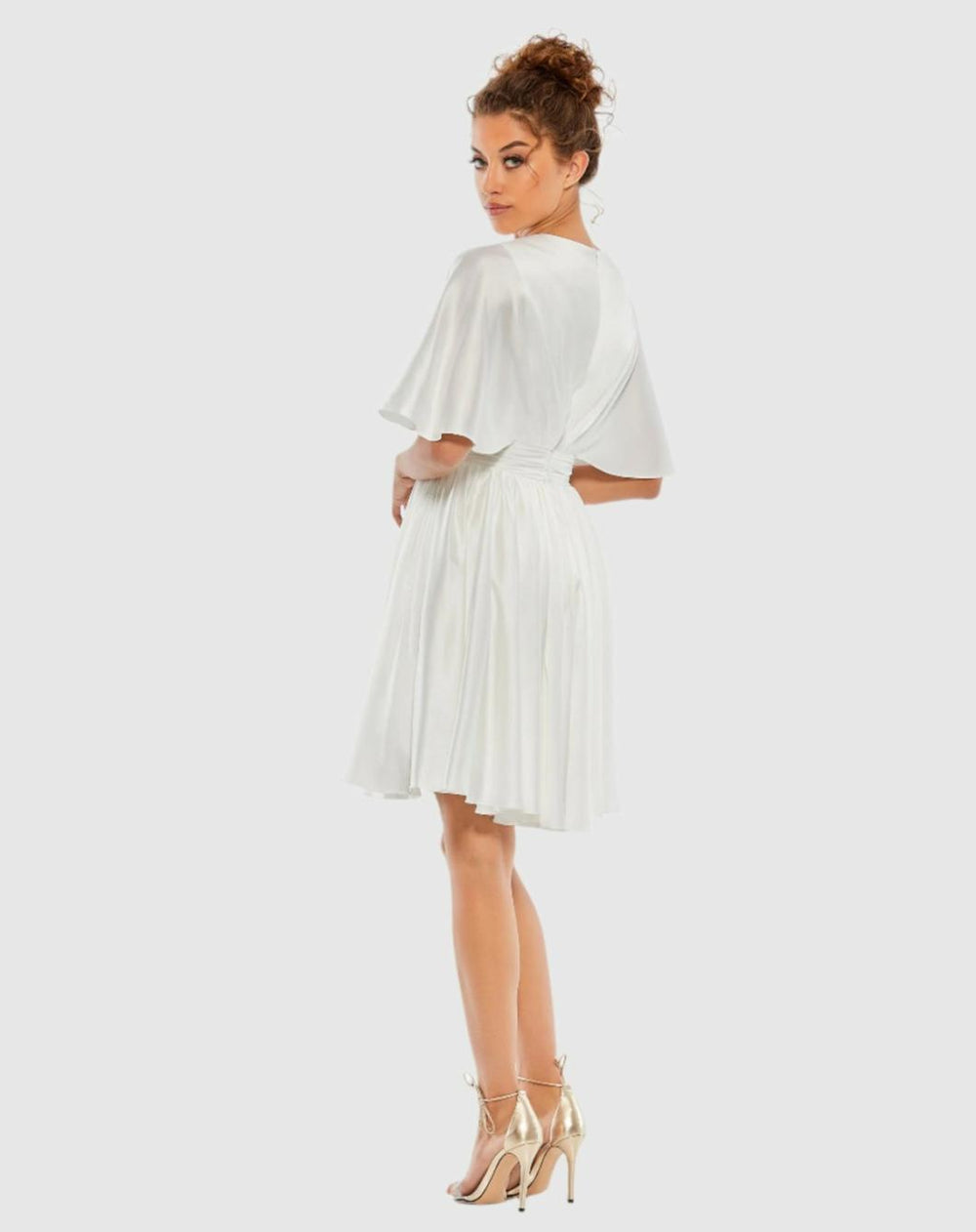 Daytime Dresses | Women Mac Duggal White Satin Flowy Cape Sleeve Mini Dress - FINAL SALE White