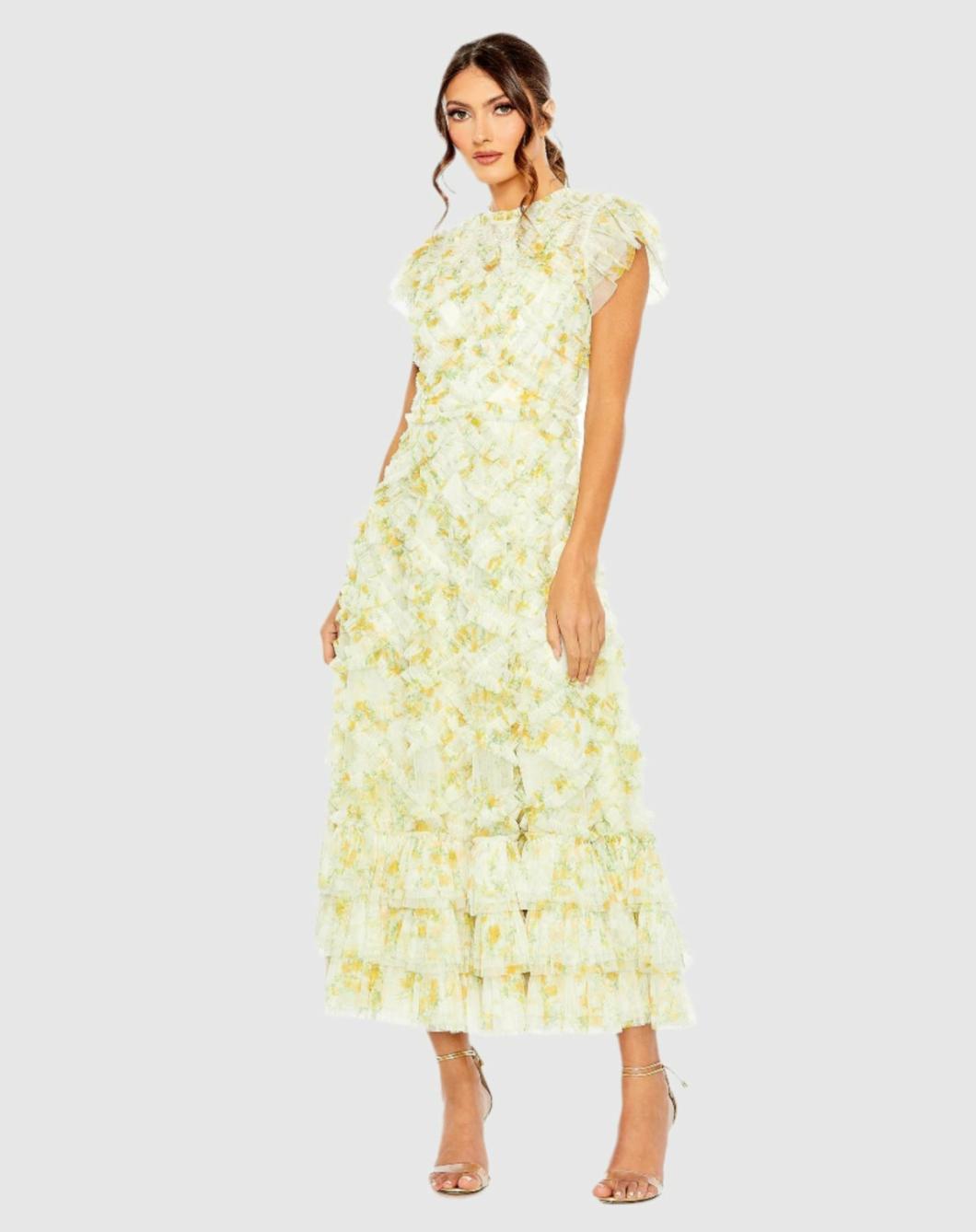 Daytime Dresses | Women Mac Duggal Yellow High Neck Ruffle Cap Sleeve Floral Dress Yellow Multi