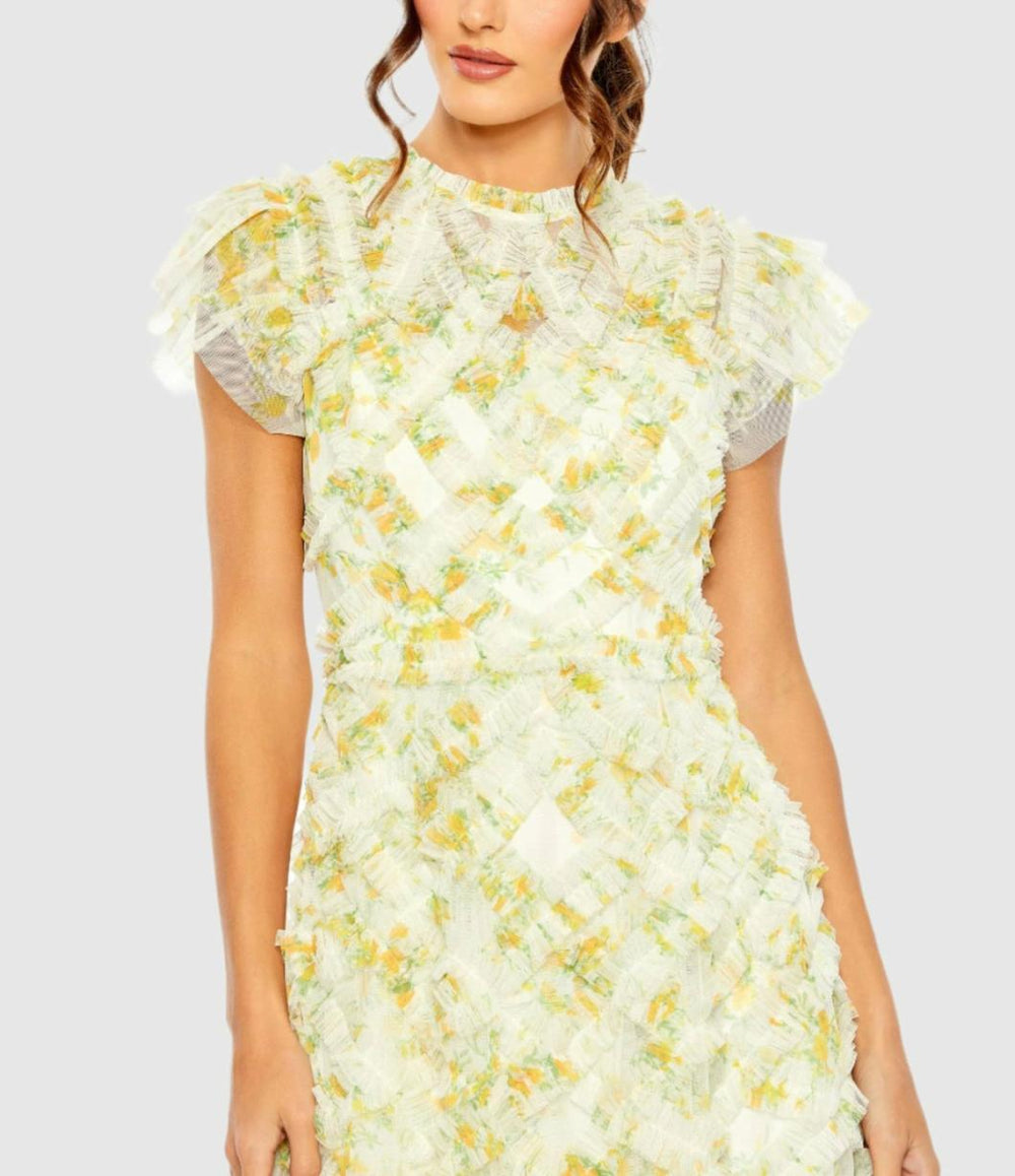 Daytime Dresses | Women Mac Duggal Yellow High Neck Ruffle Cap Sleeve Floral Dress Yellow Multi