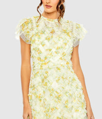 Daytime Dresses | Women Mac Duggal Yellow High Neck Ruffle Cap Sleeve Floral Dress Yellow Multi