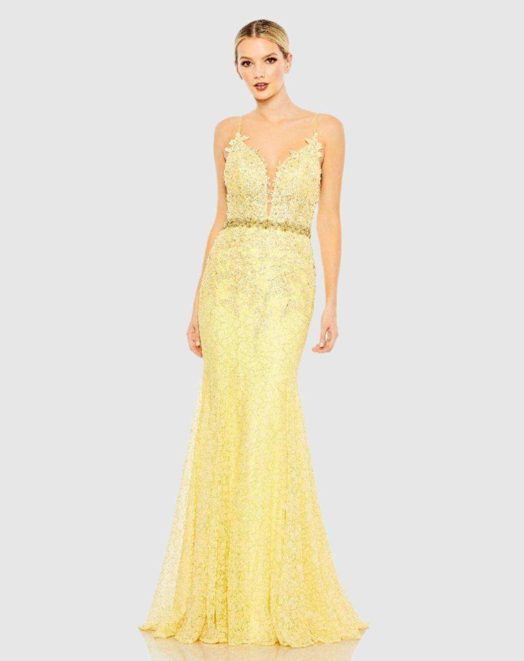Evening Gowns | Women Mac Duggal Applique Sleeveless Plunge Neck Trumpet Gown Lemon