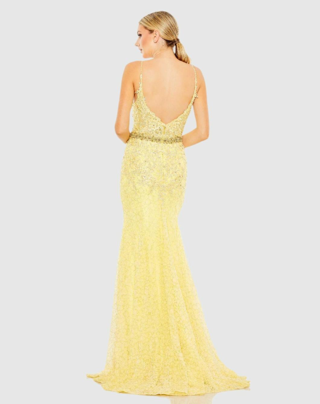 Evening Gowns | Women Mac Duggal Applique Sleeveless Plunge Neck Trumpet Gown Lemon