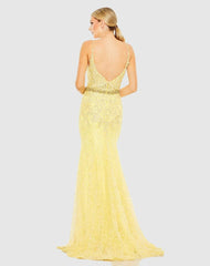 Evening Gowns | Women Mac Duggal Applique Sleeveless Plunge Neck Trumpet Gown Lemon