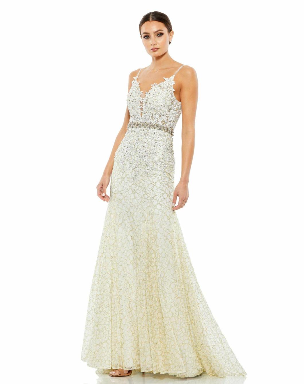 Evening Gowns | Women Mac Duggal Applique Sleeveless Plunge Neck Trumpet Gown Lemon