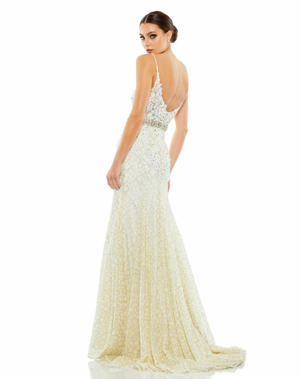 Evening Gowns | Women Mac Duggal Applique Sleeveless Plunge Neck Trumpet Gown Lemon