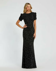 Evening Gowns | Women Mac Duggal Black Gathered Short Sleeve Beaded Gown Black