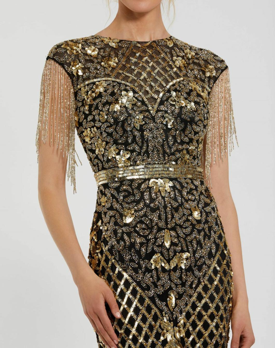 Evening Gowns | Women Mac Duggal Black High Neck Sleeveless Beaded Fringe Fitted Gown Black Gold