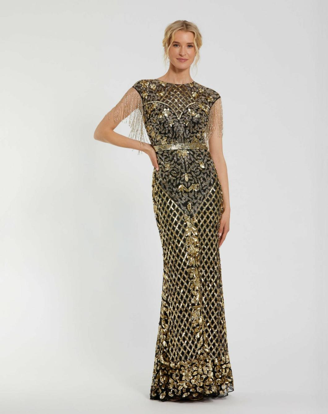 Evening Gowns | Women Mac Duggal Black High Neck Sleeveless Beaded Fringe Fitted Gown Black Gold