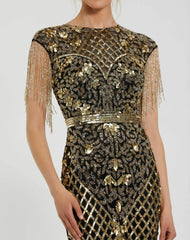 Evening Gowns | Women Mac Duggal Black High Neck Sleeveless Beaded Fringe Fitted Gown Black Gold