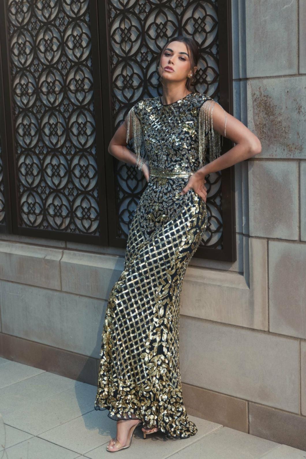 Evening Gowns | Women Mac Duggal Black High Neck Sleeveless Beaded Fringe Fitted Gown Black Gold