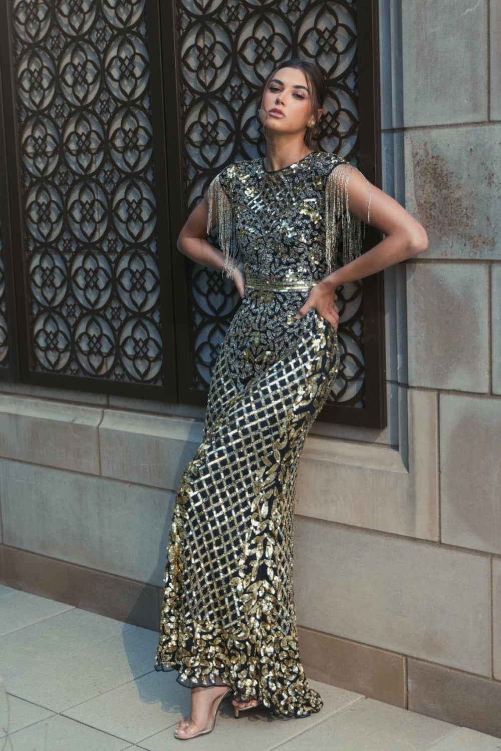 Evening Gowns | Women Mac Duggal Black High Neck Sleeveless Beaded Fringe Fitted Gown Black Gold