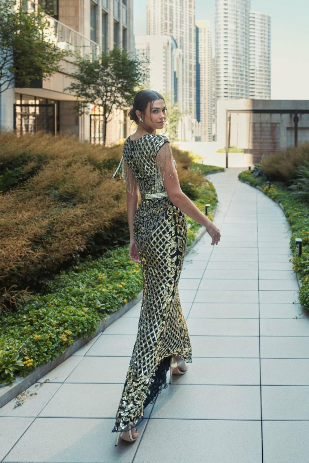 Evening Gowns | Women Mac Duggal Black High Neck Sleeveless Beaded Fringe Fitted Gown Black Gold