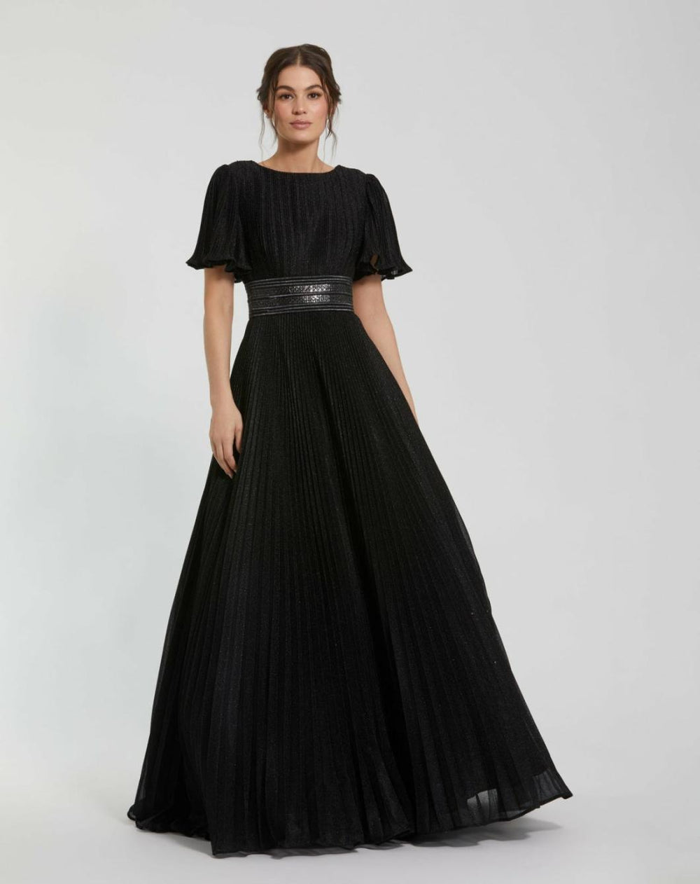 Evening Gowns | Women Mac Duggal Black Pleated Shimmering Georgette Flutter Sleeve Gown Black