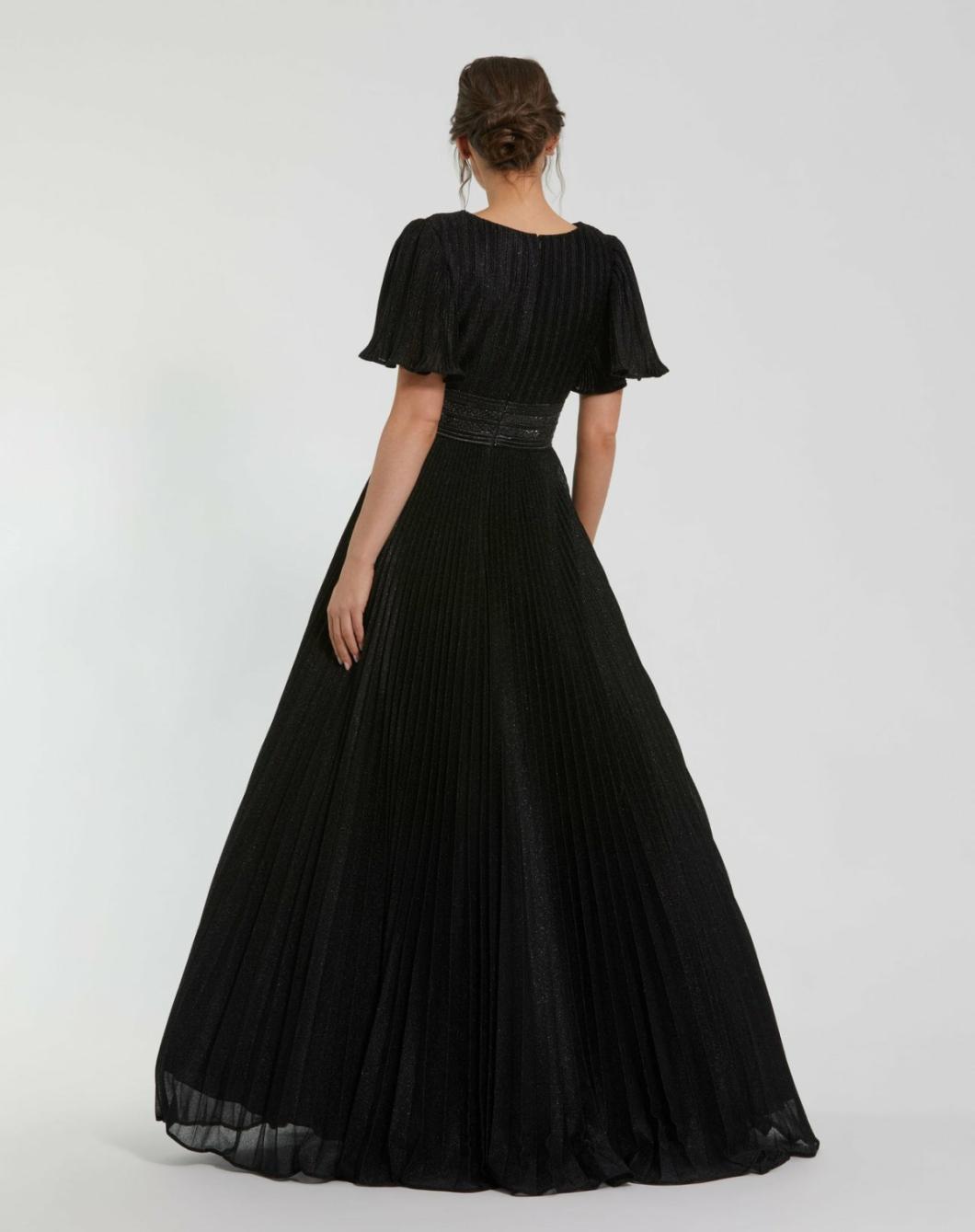 Evening Gowns | Women Mac Duggal Black Pleated Shimmering Georgette Flutter Sleeve Gown Black