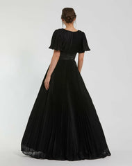 Evening Gowns | Women Mac Duggal Black Pleated Shimmering Georgette Flutter Sleeve Gown Black