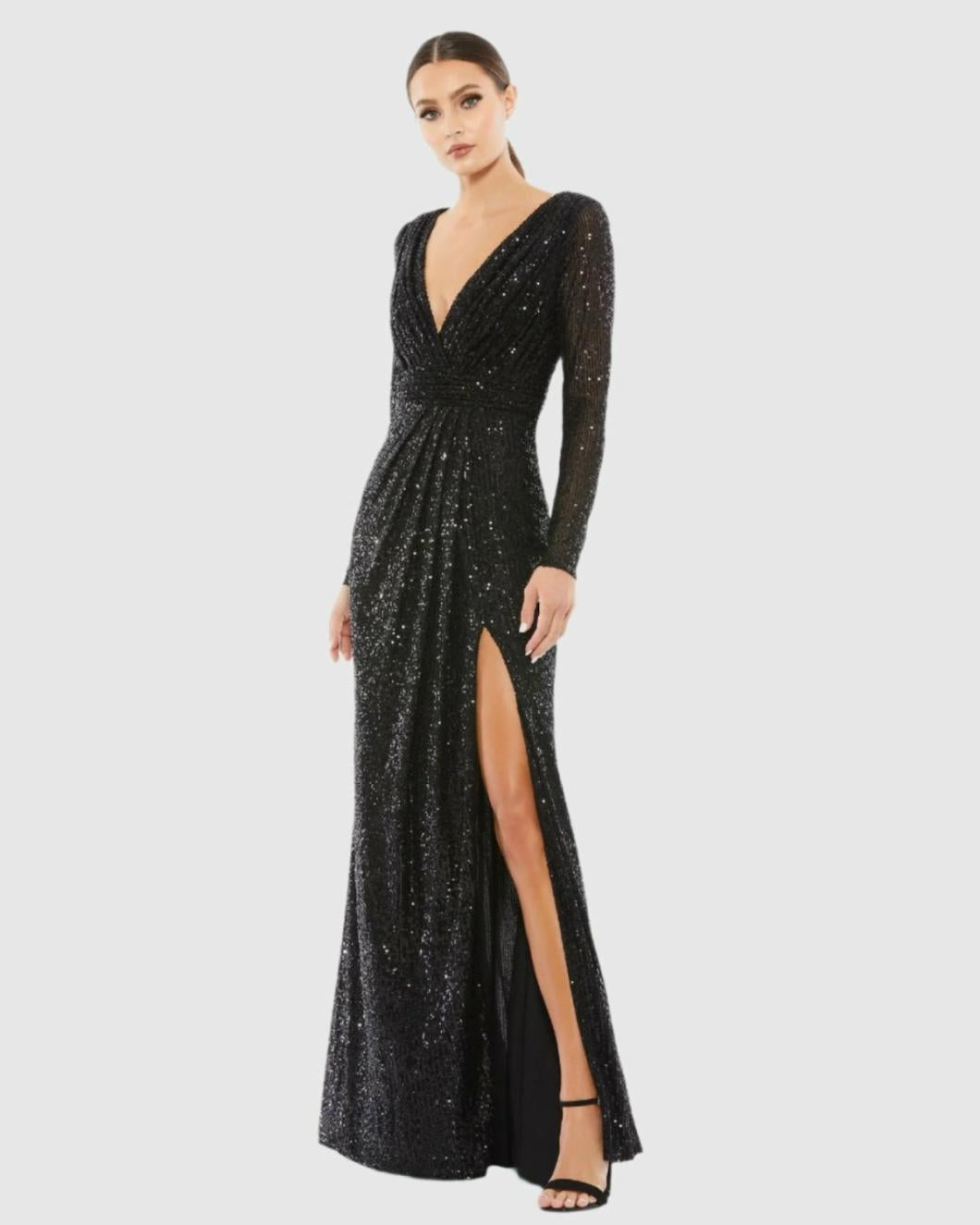 Evening Gowns | Women Mac Duggal Black Sequined Long Sleeve Gown Black
