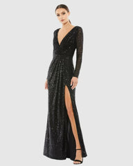 Evening Gowns | Women Mac Duggal Black Sequined Long Sleeve Gown Black