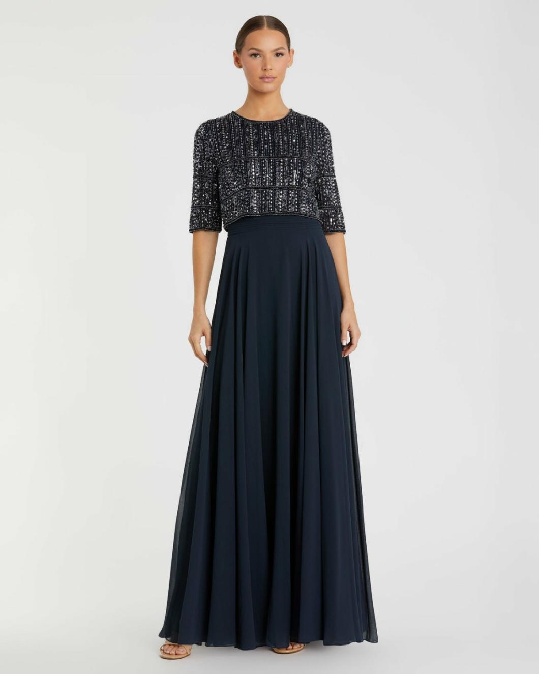 Evening Gowns | Women Mac Duggal Blue Chiffon Gown W/ Fully Beaded 3/4 Sleeve Top Midnight