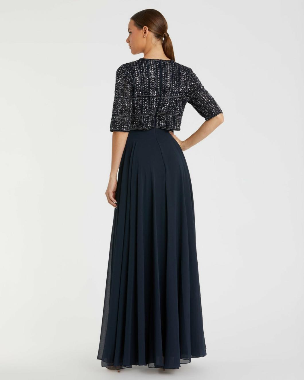 Evening Gowns | Women Mac Duggal Blue Chiffon Gown W/ Fully Beaded 3/4 Sleeve Top Midnight