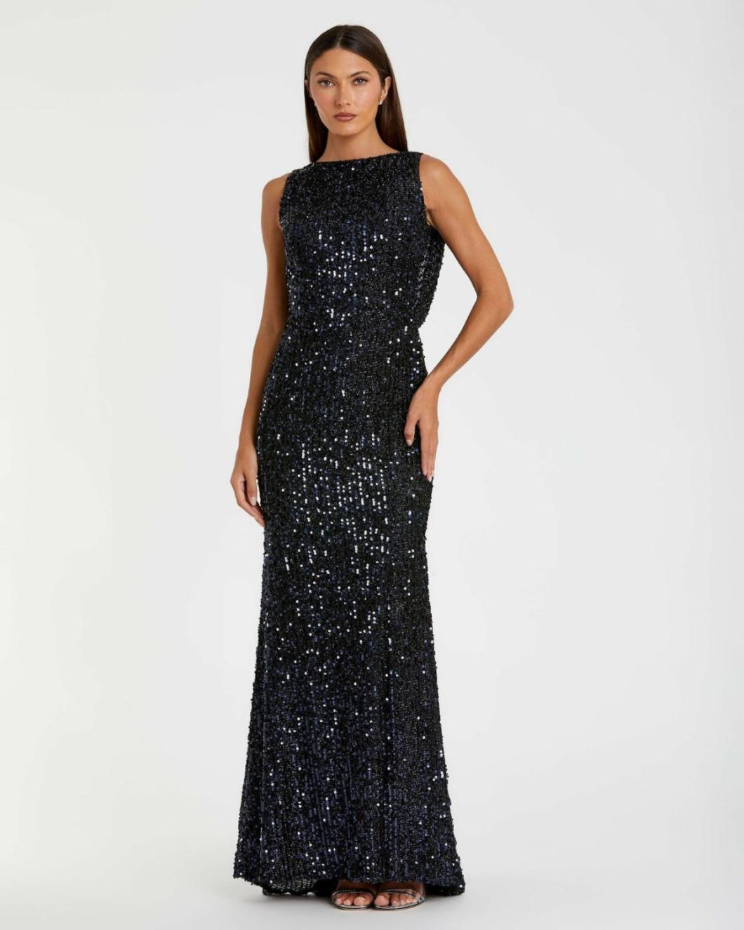 Evening Gowns | Women Mac Duggal Blue Cowl Back Boat Neck Sequined Evening Gown Midnight