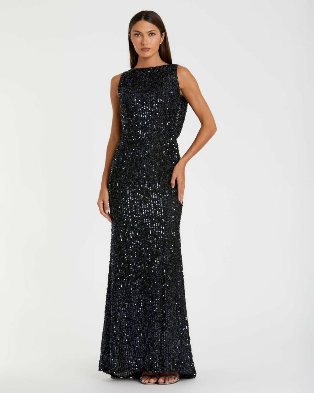 Evening Gowns | Women Mac Duggal Blue Cowl Back Boat Neck Sequined Evening Gown Midnight