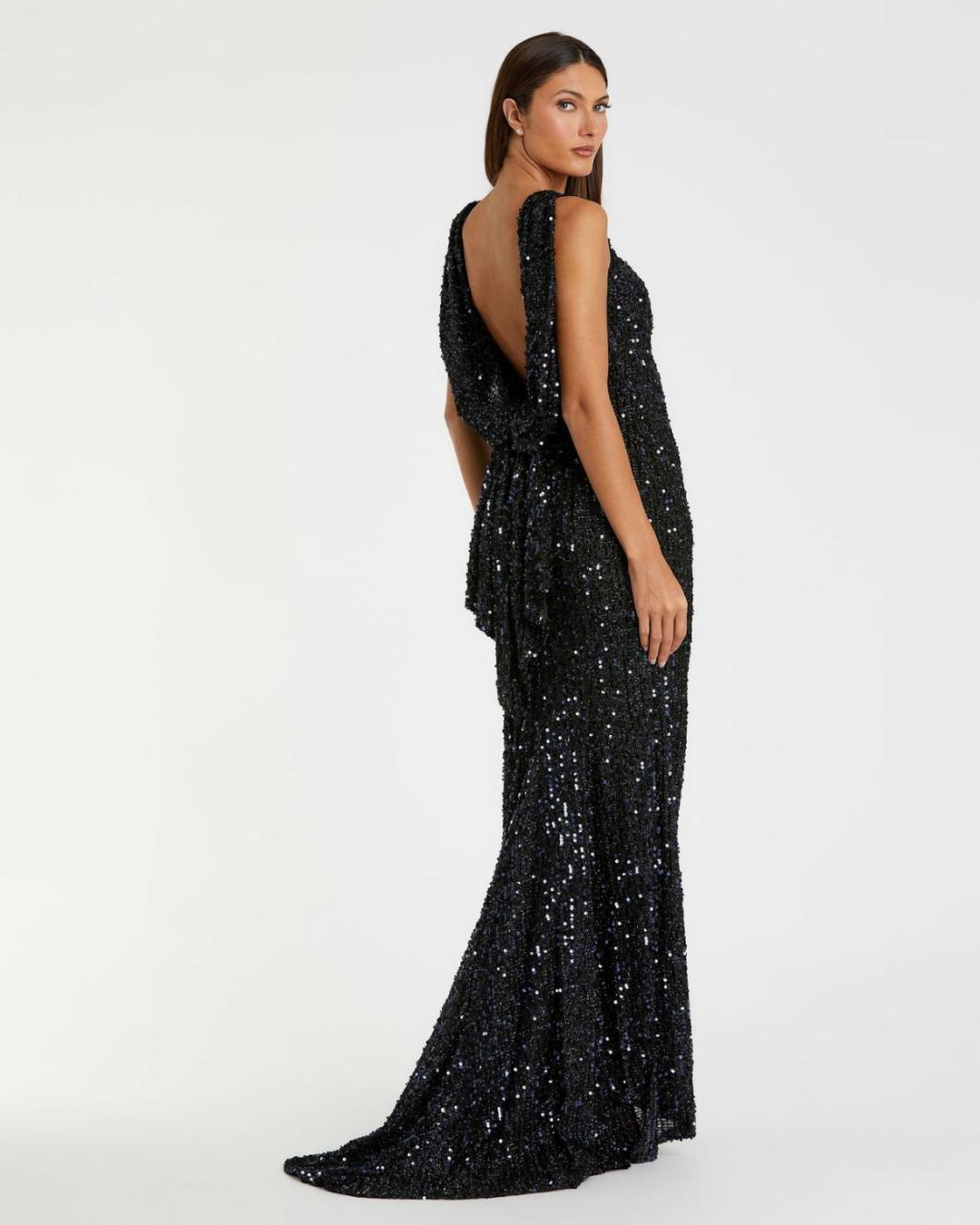 Evening Gowns | Women Mac Duggal Blue Cowl Back Boat Neck Sequined Evening Gown Midnight