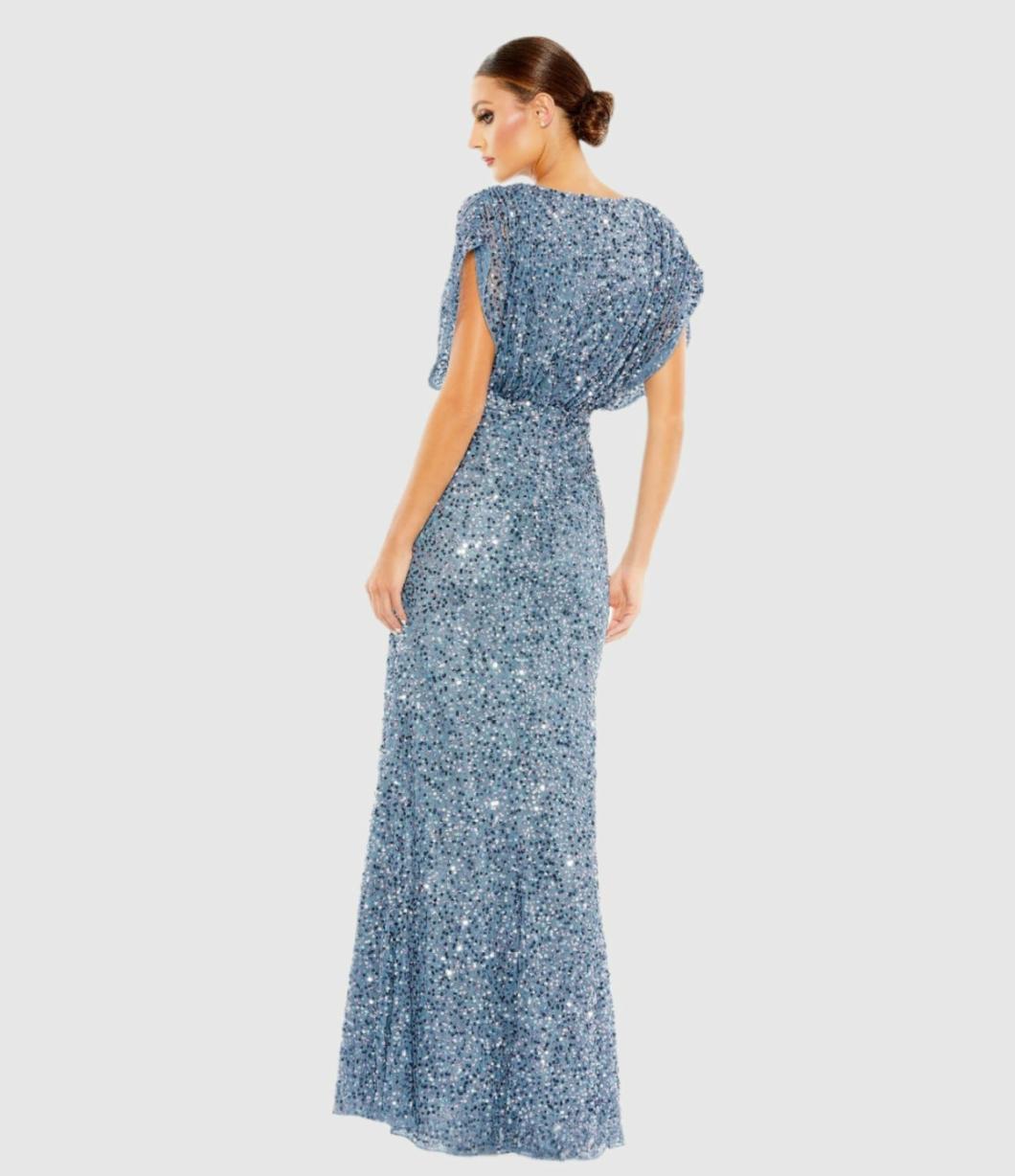 Evening Gowns | Women Mac Duggal Blue Draped Sleeve V Neck Gown Slate Blue