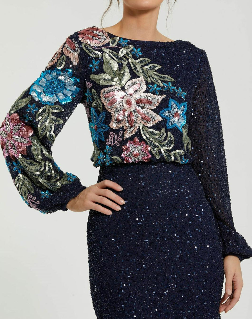 Evening Gowns | Women Mac Duggal Blue Embellished Multi Color Floral High Neck Gown Midnight