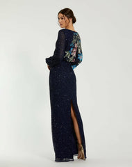 Evening Gowns | Women Mac Duggal Blue Embellished Multi Color Floral High Neck Gown Midnight