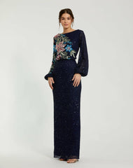 Evening Gowns | Women Mac Duggal Blue Embellished Multi Color Floral High Neck Gown Midnight